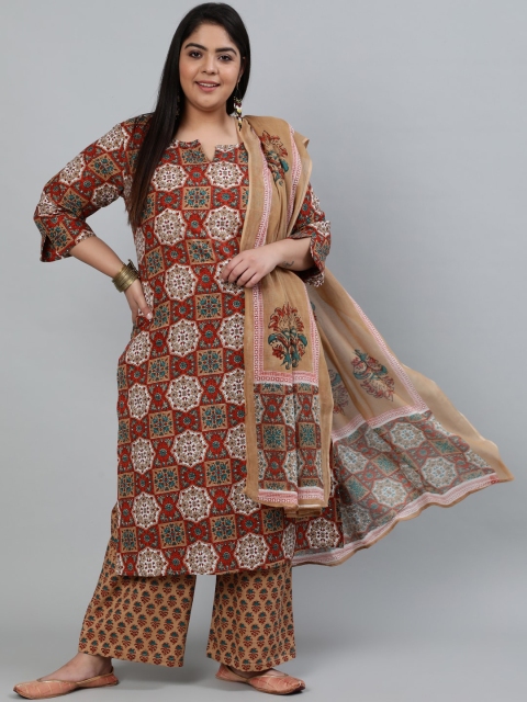 

Nayo Women Brown Ethnic Motifs Printed Pure Cotton Kurta with Palazzos & Dupatta