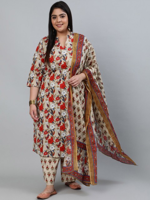 

Nayo Women Cream-Coloured Floral Printed Pure Cotton Kurta with Palazzos & Dupatta