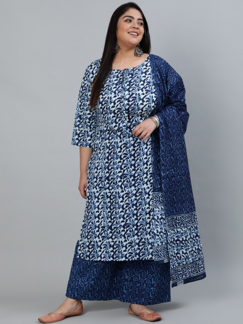 

Nayo Women Blue Floral Printed Pure Cotton Kurta with Palazzos & Dupatta