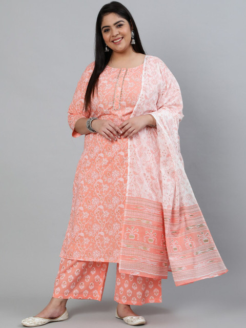 

Nayo Women Peach-Coloured Printed Pure Cotton Kurta with Palazzos & Dupatta