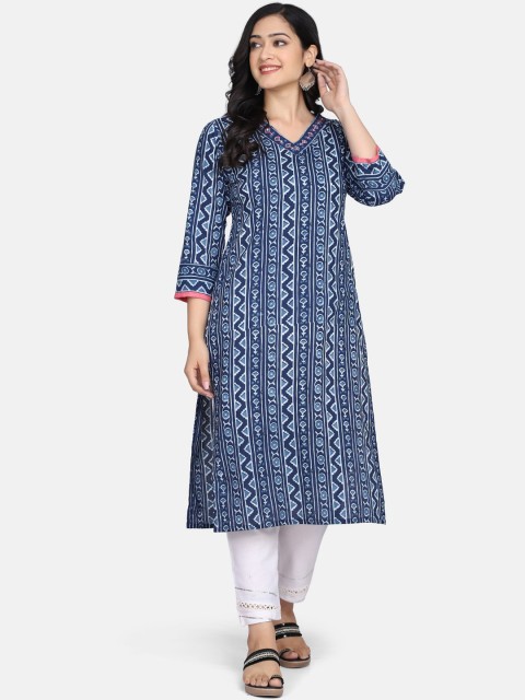 

Mirraw Women Navy Blue and White Geometric Handblock Printed A-Line Kurta