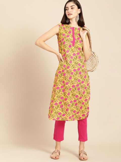 

Anouk Women Yellow & Pink Floral Printed Regular Pure Cotton Kurta with Trousers