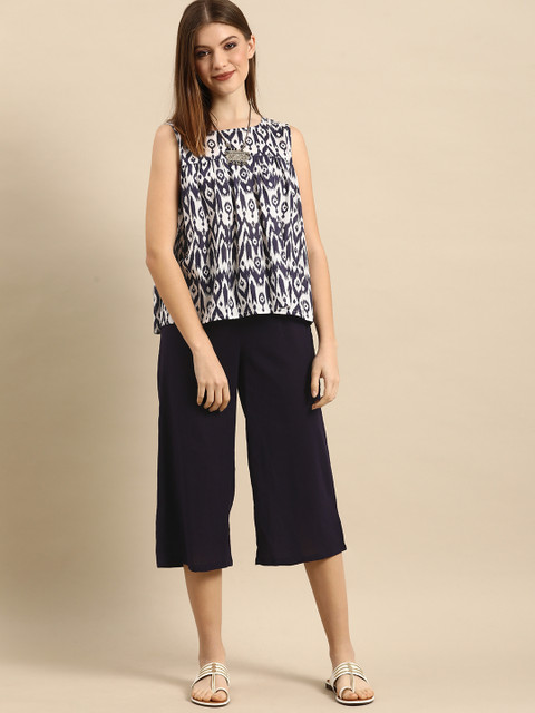 

Anouk Women Navy Blue & White Printed Pleated Pure Cotton Kurti with Trousers
