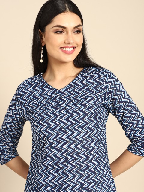 

Anouk Women Navy Blue & White Chevron Printed Kurta