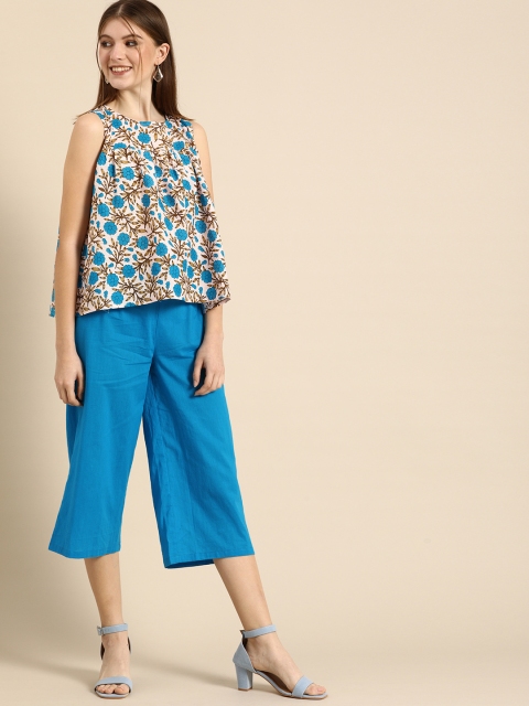 

Anouk Women Blue & White Floral Printed Pleated Pure Cotton Top with Culottes