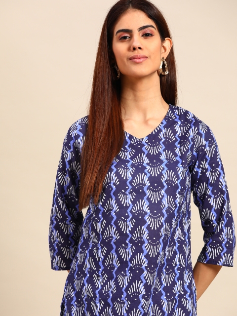 

Anouk Women Navy Blue & White Ethnic Motifs Print Cotton Straight Kurta