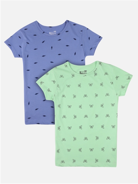 

PROTEENS Girls Green and Lavender Pack of 2 Conversational Printed Slim Fit T-shirts