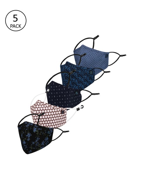 

CENWELL Unisex Pack Of 5 Printed 6-Ply Pure Cotton Reusable 3D Cloth Masks, Black
