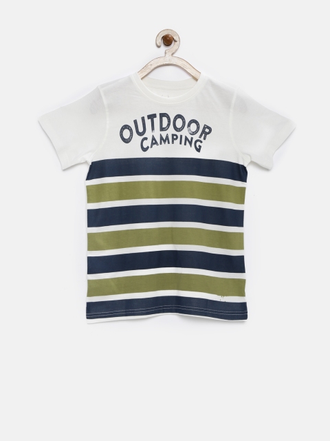

Allen Solly Junior Boys Off-White & Navy Striped & Printed Round Neck T-shirt