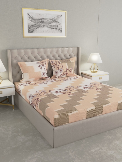 

Raymond Home Peach-Coloured & Off White 160 TC Cotton King Bedsheet with 2 Pillow Covers