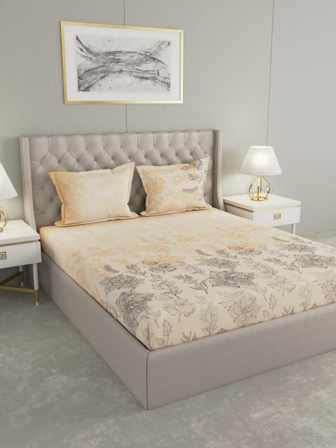 

Raymond Home Yellow & Grey Floral 160 TC King Bedsheet with 2 Pillow Covers