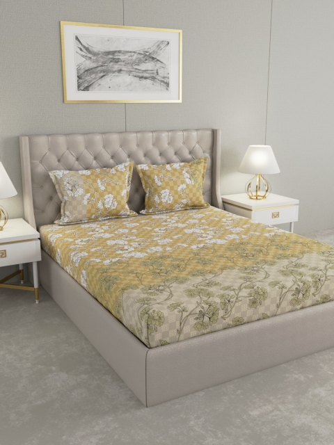 

Raymond Home Yellow & Taupe Floral 160 TC King Bedsheet with 2 Pillow Covers