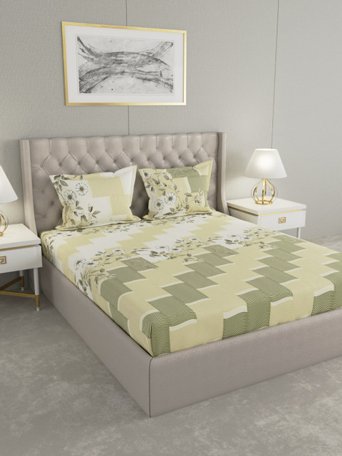 

Raymond Home Yellow & Green Floral 160 TC King Bedsheet with 2 Pillow Covers