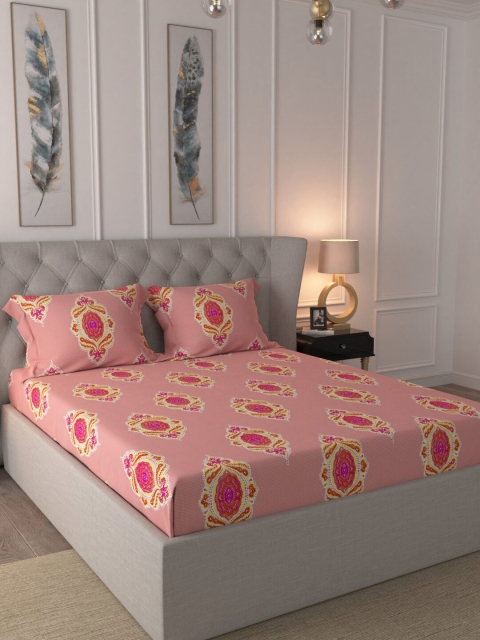 

URBAN SPACE Peach-Coloured & Pink Floral 200 TC Queen Bedsheet with 2 Pillow Covers
