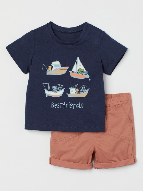 

H&M Boys Navy Blue & Beige 2-Piece Cotton T-Shirt & Shorts Set