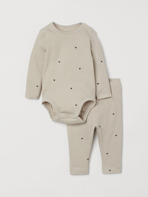 

H&M Girls Beige Ribbed cotton set