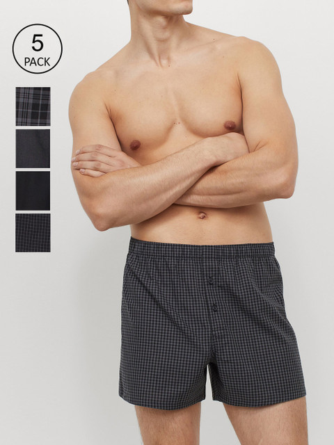 

H&M Men Black & Grey Pure Cotton Printed 5-Pack Woven Boxer Shorts