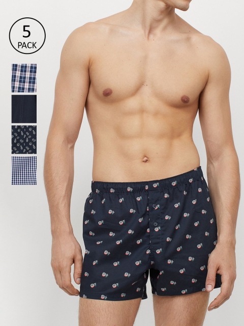 

H&M Men Blue & Black Printed Pure Cotton 5-Pack Woven Boxer Shorts