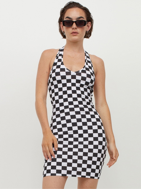 

H&M Women Black & White Checked Halterneck Dress