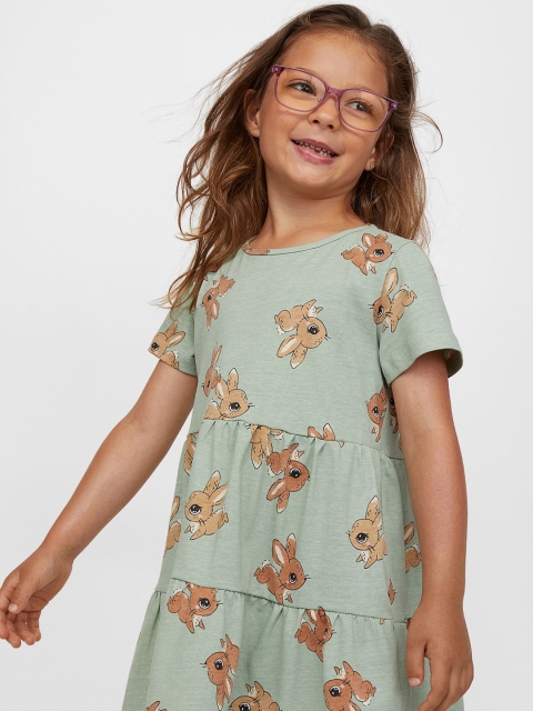 

H&M Girls Green & Brown Rabbit Printed Tiered Cotton Dress