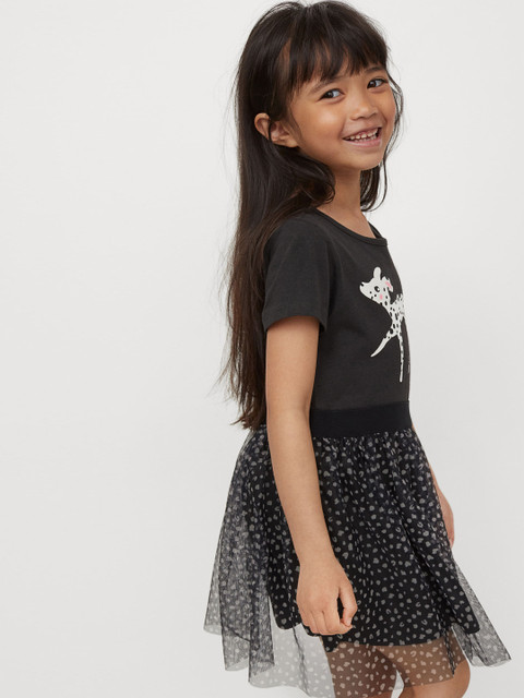 

H&M Girls Black & White Calf Print Tulle-Skirt Jersey Dress