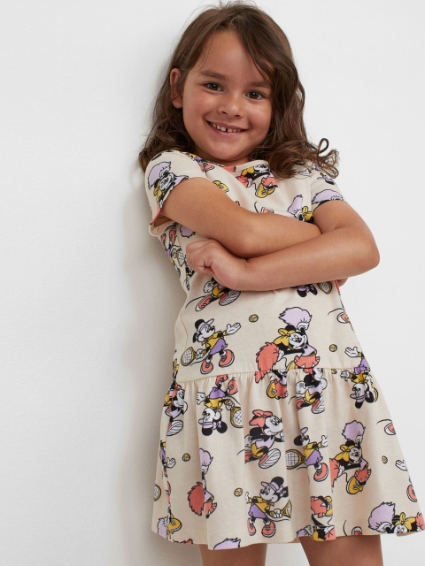 

H&M Kids Cream Coloured & Black Gathered Cotton Mickey Mouse Printed Jersey Dress
