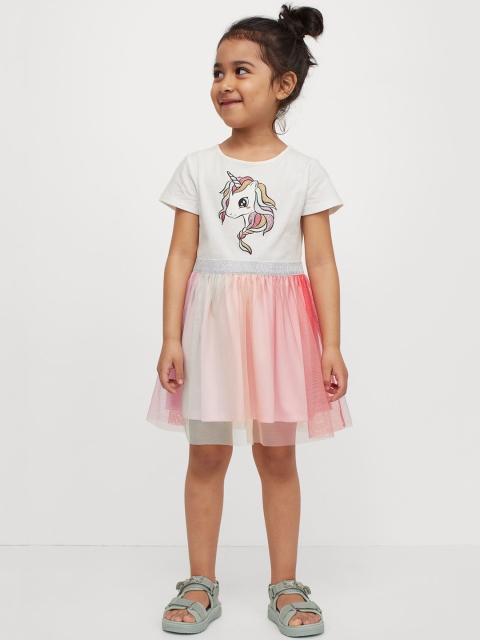 

H&M Kids White & Peach Coloured Unicorn Print Tulle-Skirt Jersey Dress