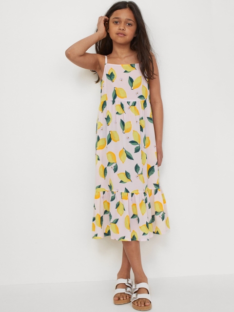 

H&M Girls Pink & Mustard Yellow Conversational Print Crepe Dress