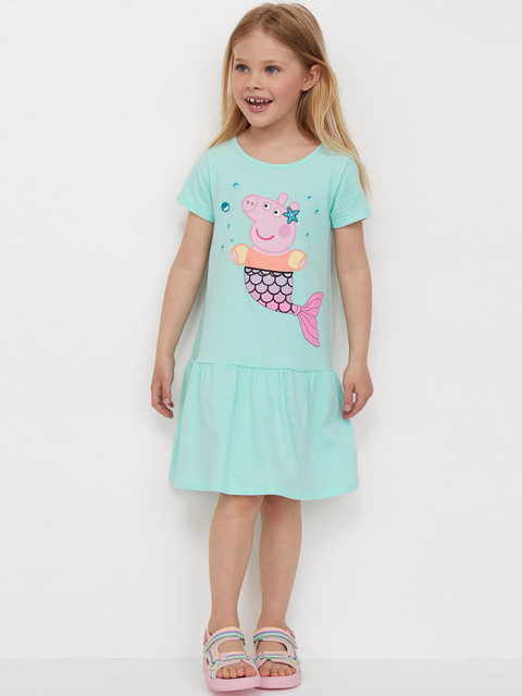

H&M Girls Turquoise Blue Pure Cotton Printed Jersey Dress