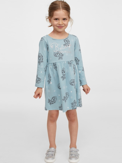 

H&M Girls Turquoise Blue & Black Pure Cotton Frozen Printed Jersey Dress