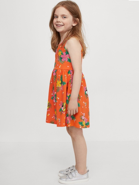 

H&M Girls Orange & Green Pure Cotton Patterned Jersey Dress