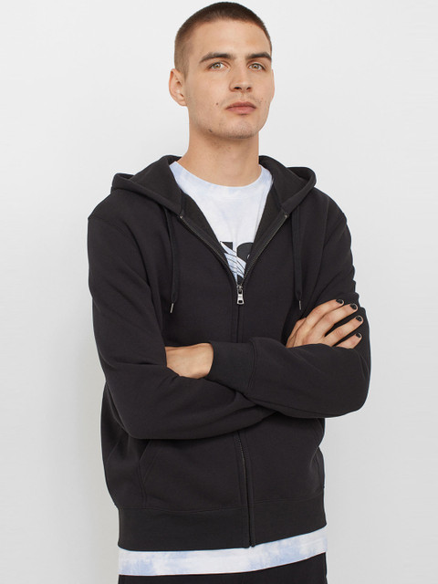 

H&M Men Black Solid Regular Fit Zip-Through Hoodie