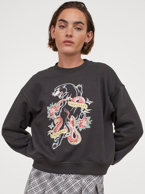 

H&M Women Black Abstract Printed Sweatshirt