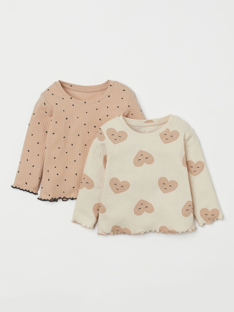 

H&M Girls Beige & Cream Printed 2-Pack Ribbed Tops