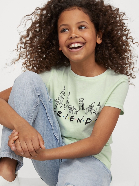 

H&M Girls Green Pure Cotton Graphic Printed Jersey Top