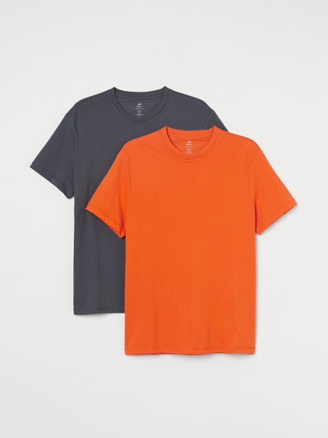 

H&M Pack of 2 Men Grey & Orange Solid COOLMAX T-shirts