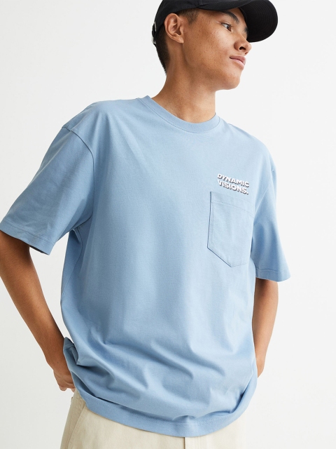

H&M Men Blue & White Printed Relaxed Fit Cotton T-shirt