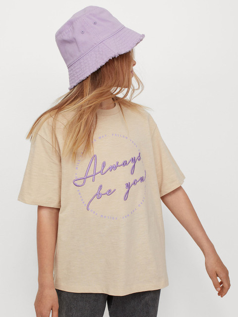 

H&M Girls Beige Printed Oversized Cotton T-shirt