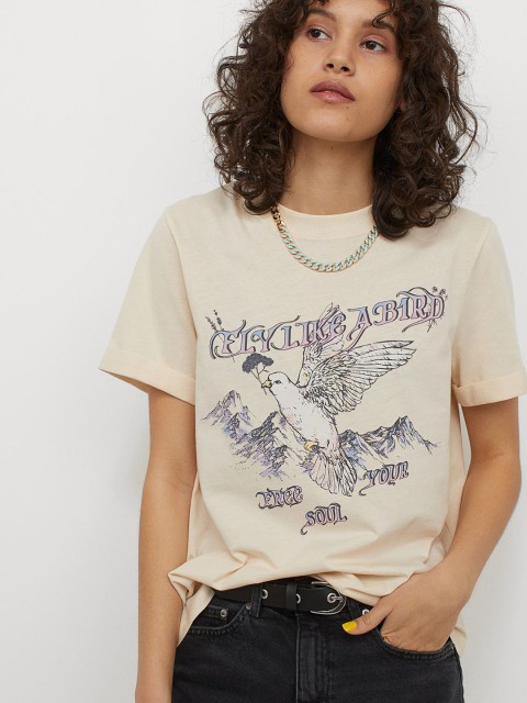 

H&M Women Beige Printed Cotton T-shirt