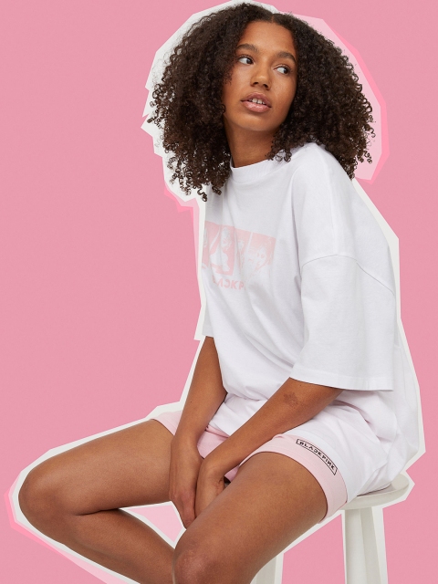 

HM Women White Oversized Printed Cotton Pure Cotton T-shirt