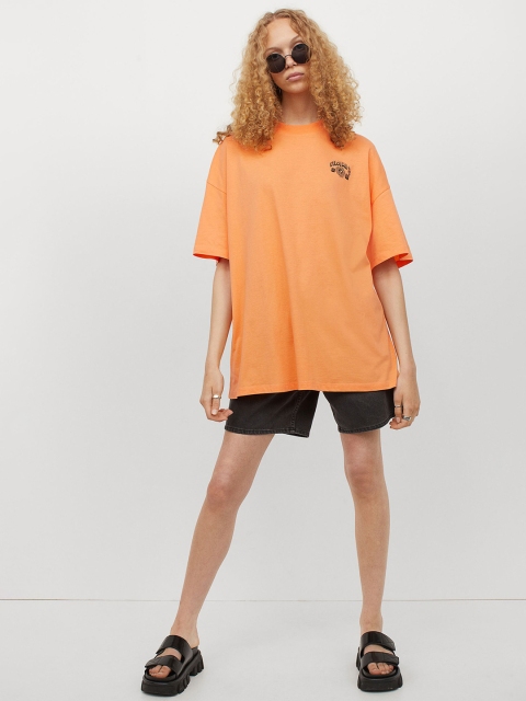 

HM Women Orange Black Printed Oversized Cotton Pure Cotton T-shirt