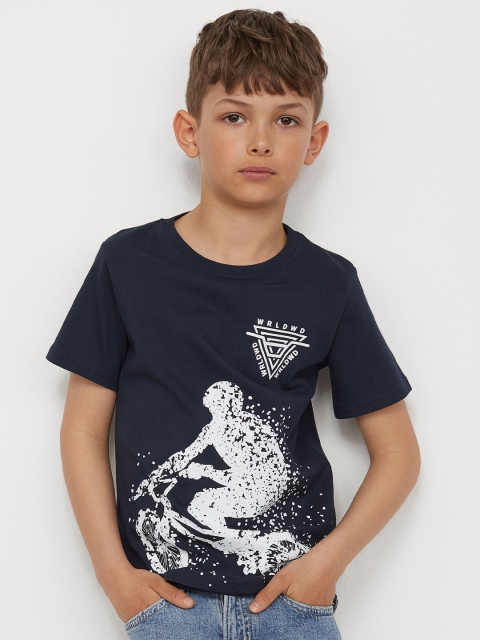 

H&M Boys Navy Blue & White Printed Cotton T-shirt