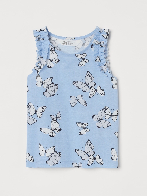 

H&M Girls Blue & White Pure Cotton Frill-Trimmed Jersey Top