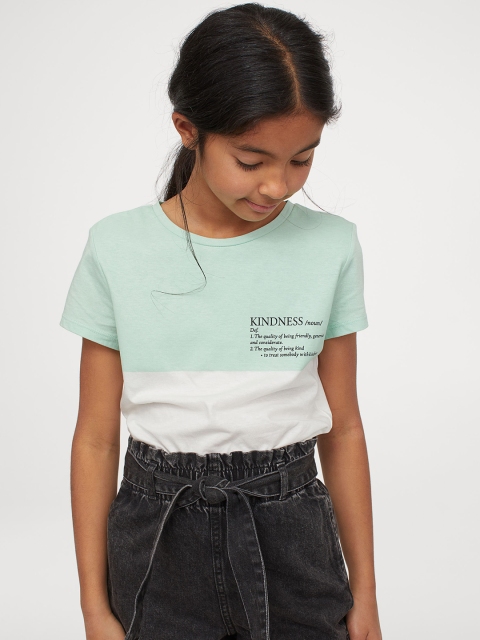 

H&M Girls White & Mint Green Pure Cotton Printed Jersey Top