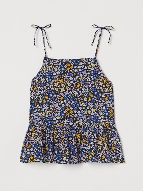 

H&M Girls Black & Multicoloured Printed Bow-Detail Top
