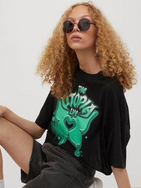 

H&M Women Black Printed Boxy Top