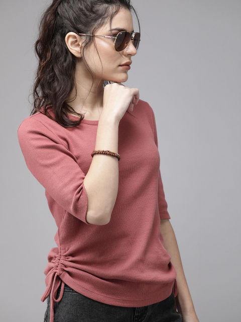 

Roadster Pink Tie-Up Ruched Ribbed Top