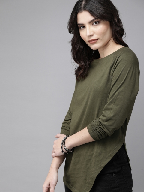 

Roadster Olive Green Regular Round Neck Pure Cotton Asymmetric Hem Top