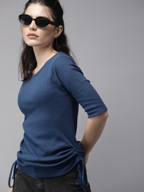 

Roadster Navy Blue Tie-Up Ruched Ribbed Top