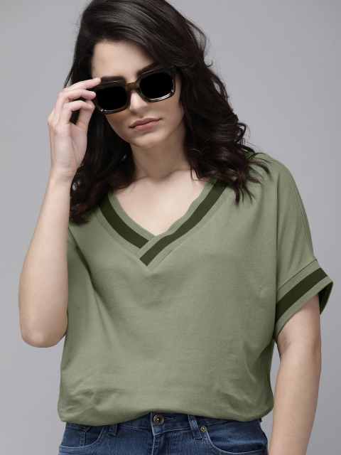 

Roadster Women Olive Green Solid V-Neck Pure Cotton Regular Top With Contrast Tipping